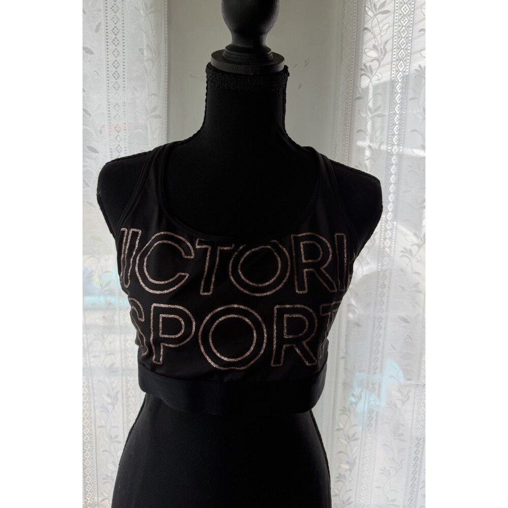 Victoria’s Secret “The Player” SZ XL Black Racerback Sport Bra Rose Gold Logo